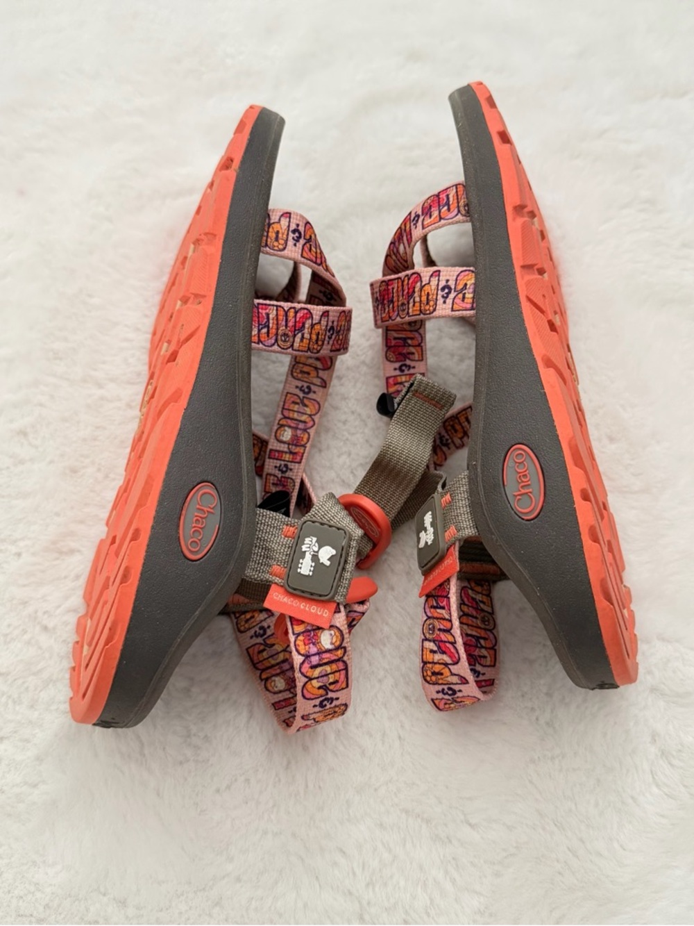Chaco Women's Strappy Sandals in Gray with Pink/Orange Patterned Straps - Picture 4 of 9